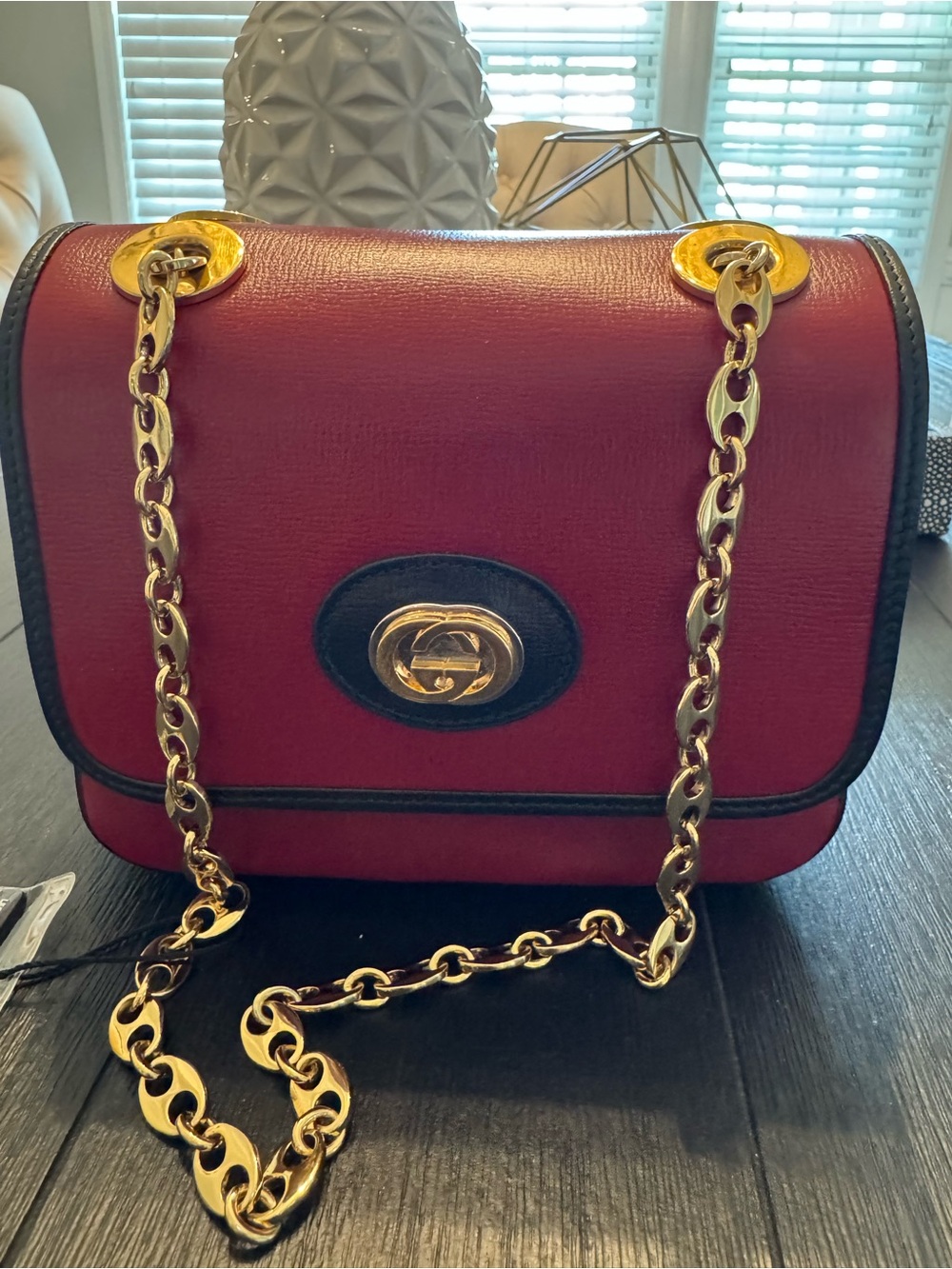 Gucci Red Marina Leather Shoulder Bag with Gold Chain